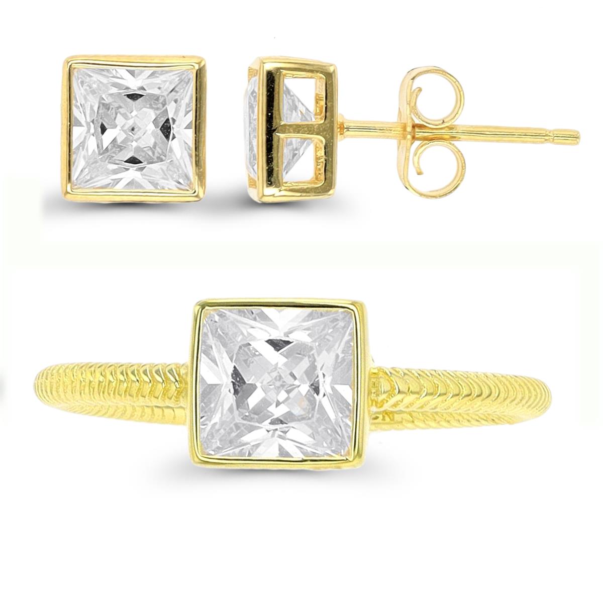 Sterling Silver Yellow 6mm Princess Cut CZ Bezel Earring & Ring Set