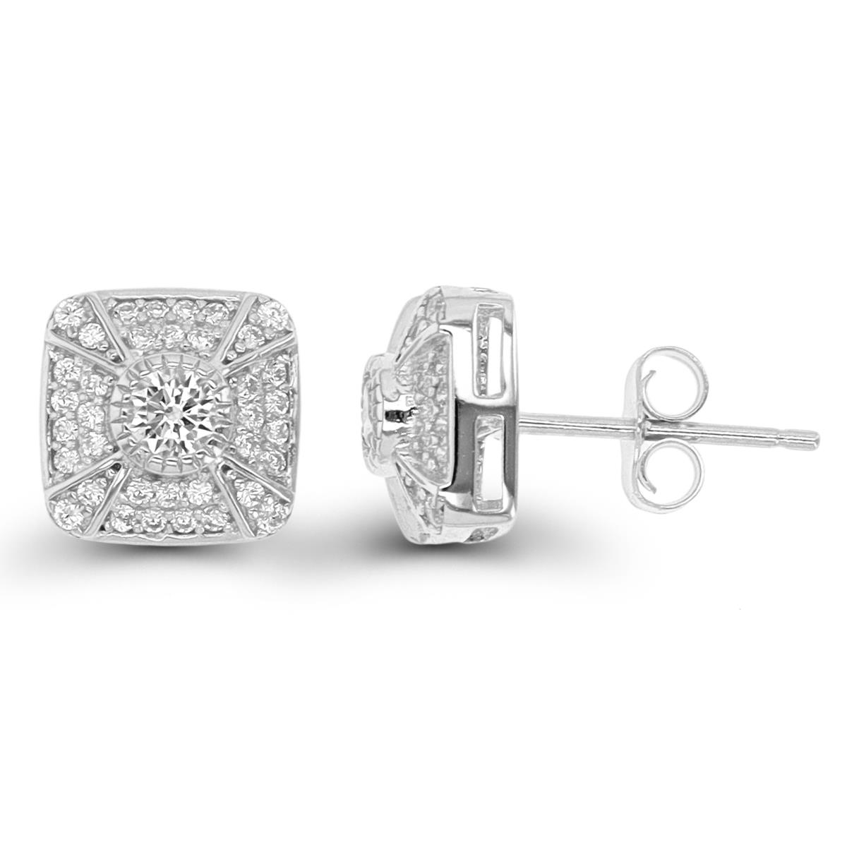Sterling Silver Rhodium Paved Square Stud Earring