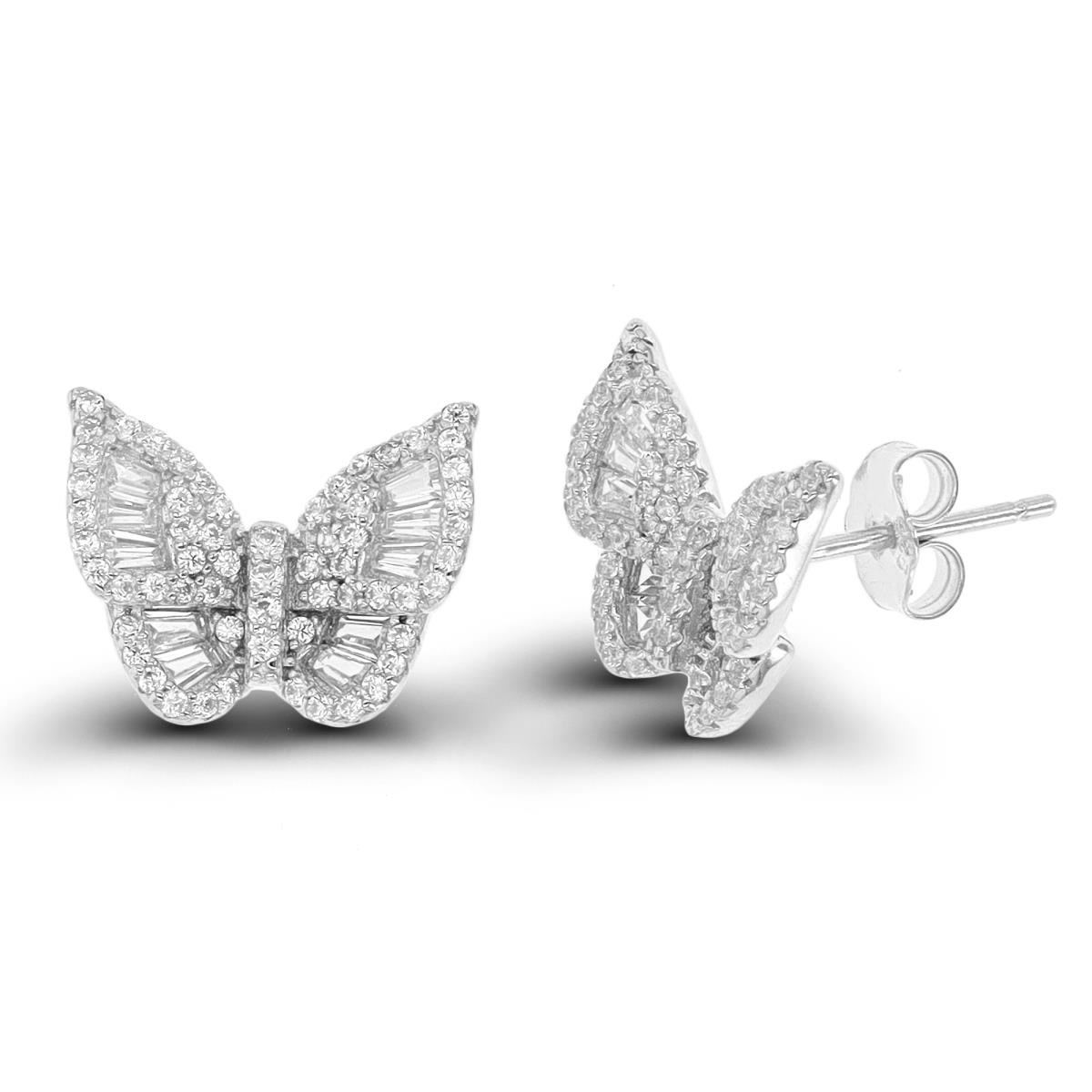 Sterling Silver Rhodium Baguette CZ Butterfly Stud Earring