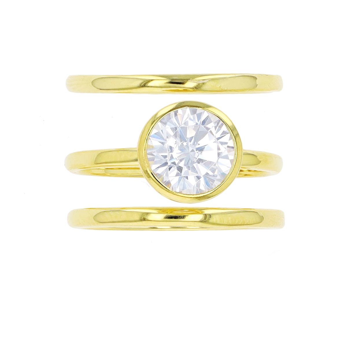 Sterling Silver Yellow 8mm Round Bezel & Band Wedding Trio Ring