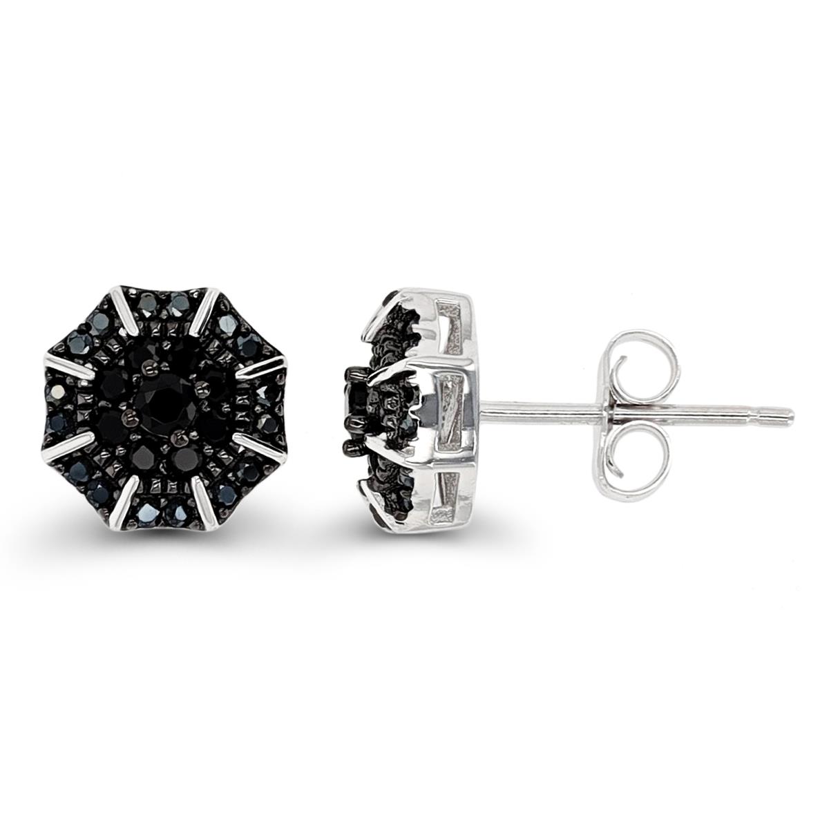 Sterling Silver Rhodium & Black Black Spinel Paved Octagon Stud Earring