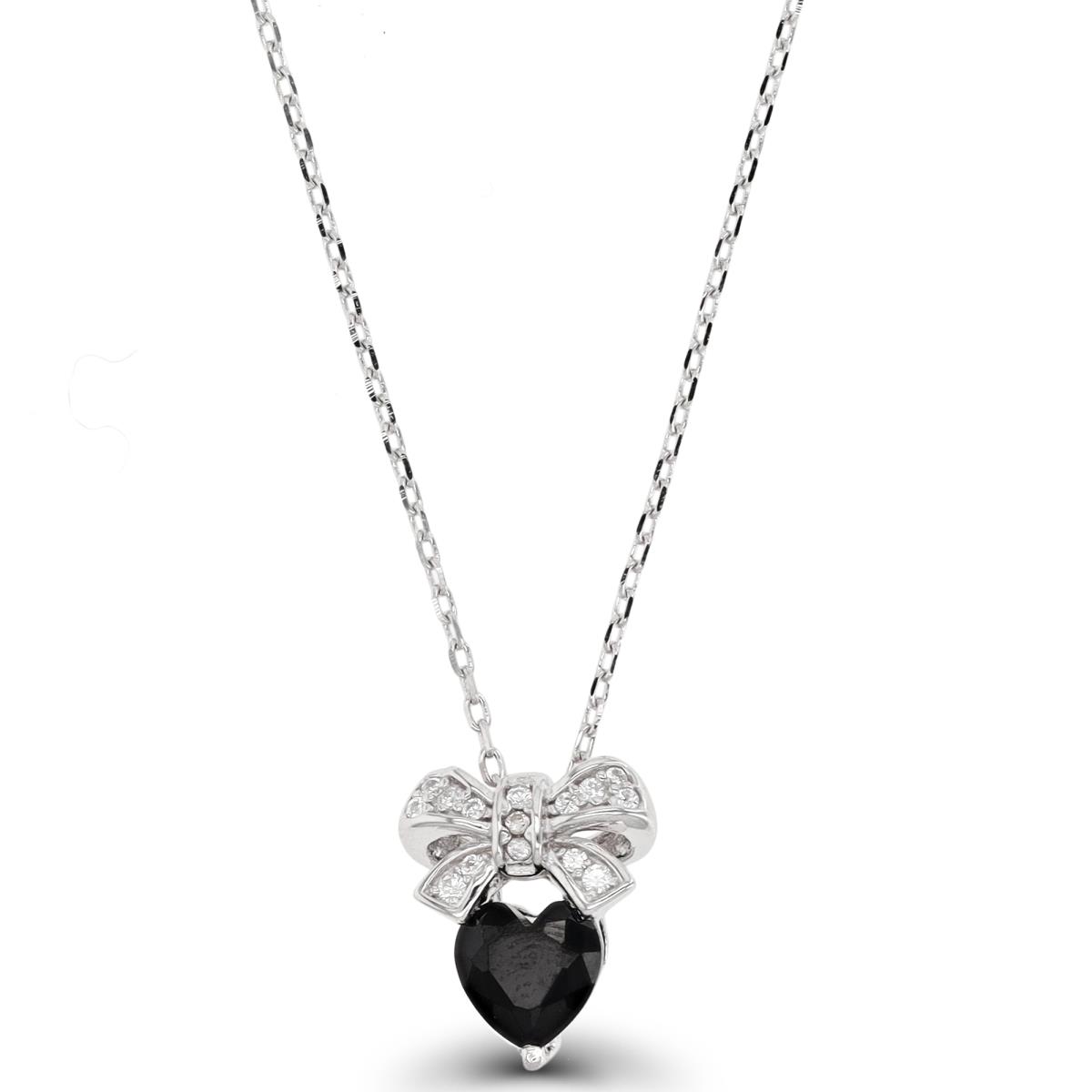 Sterling Silver Rhodium 6mm Heart Black Spinel/ White Zircon Bow 13"+2" Necklace