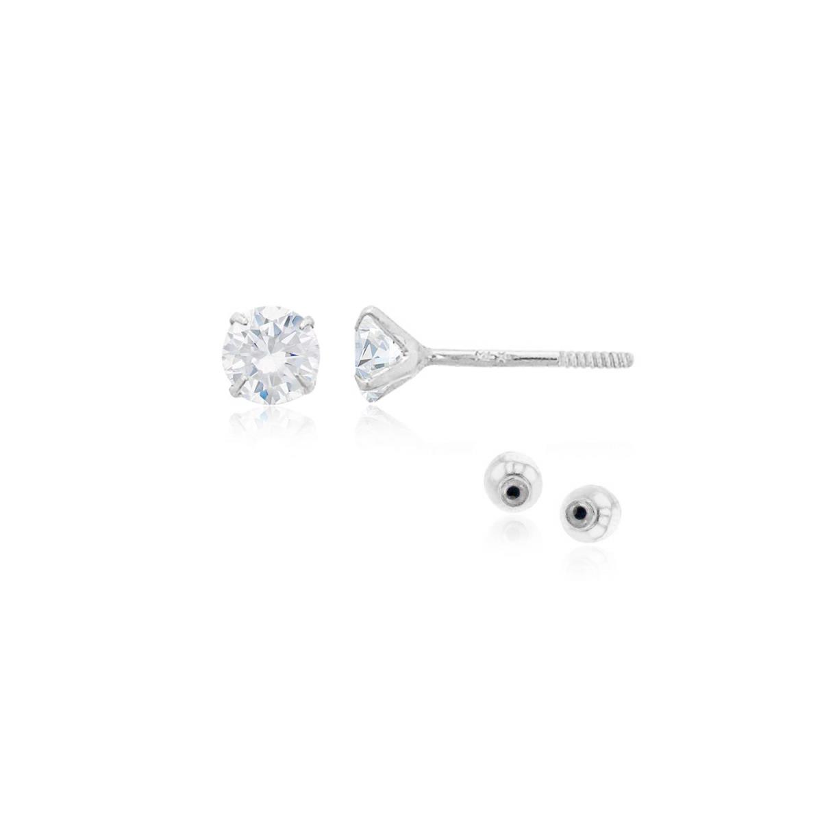 10K White Gold 3mm Round Solitaire Ball Screw Back Stud Earring 