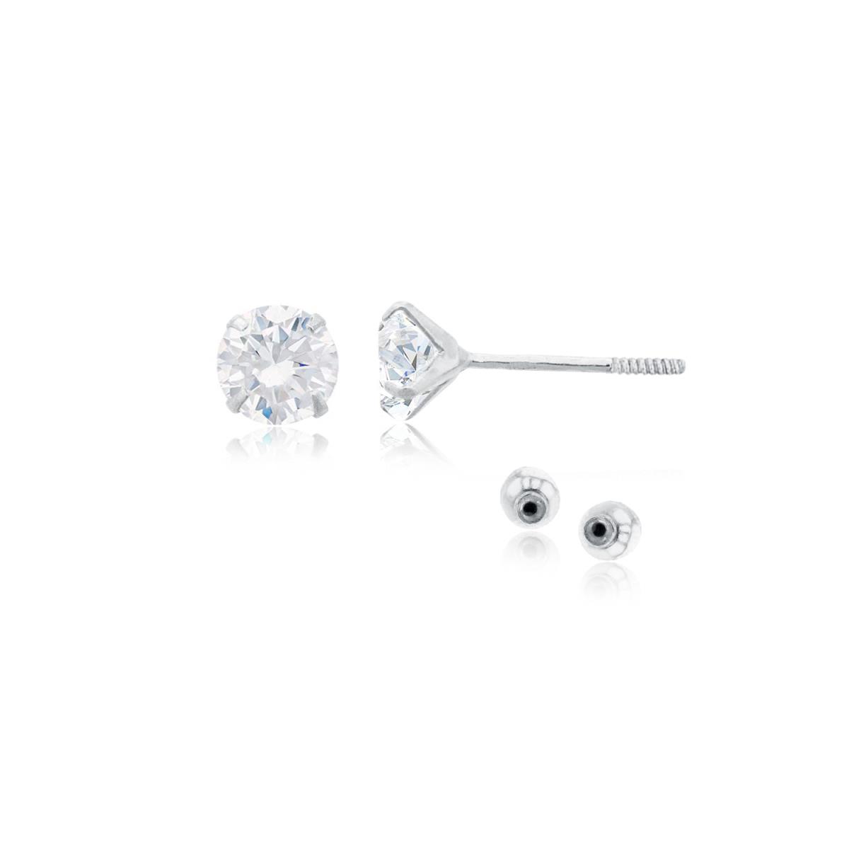 10K White Gold 4mm Round Solitaire Ball Screw Back Stud Earring 