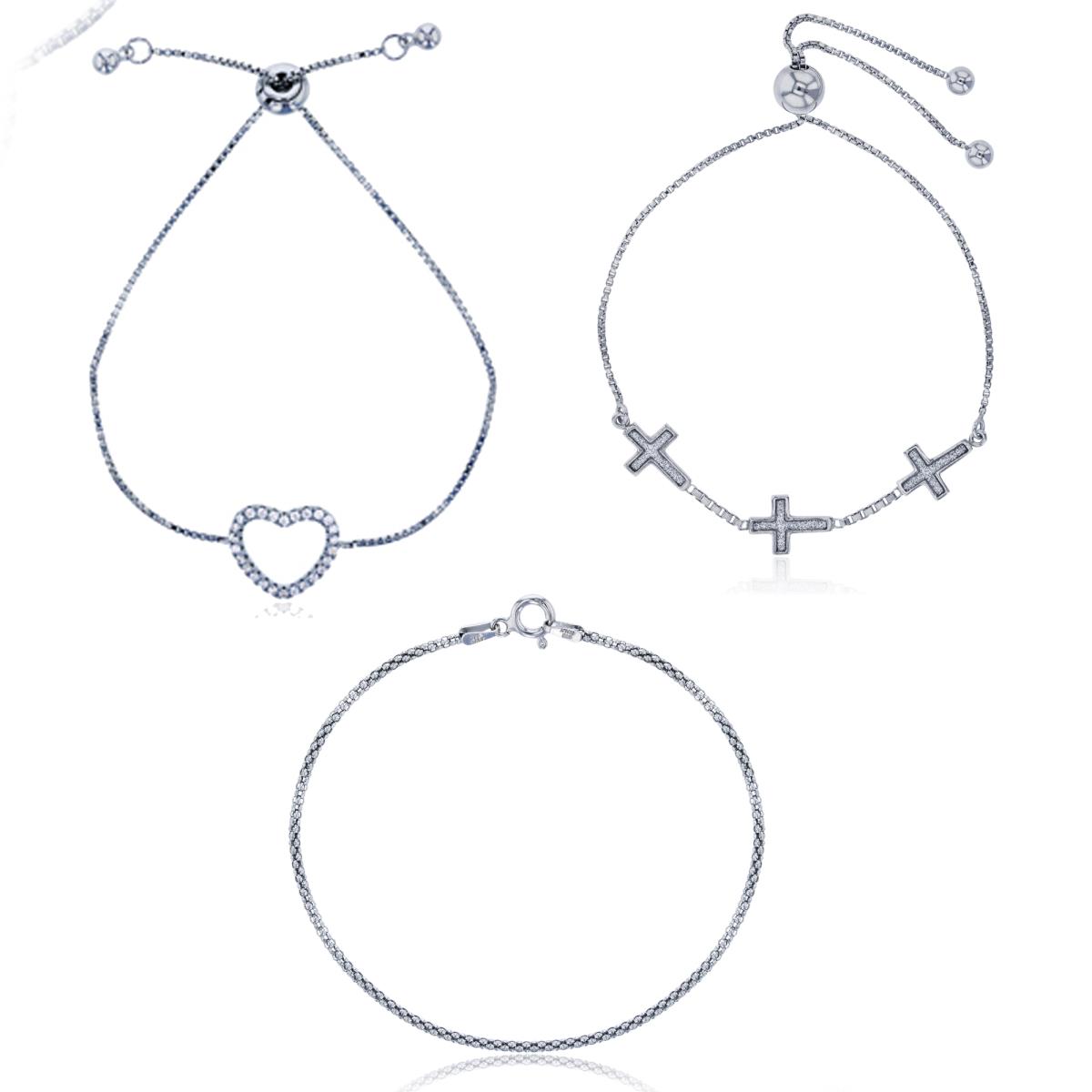 Sterling Silver Rhodium Glitter Triple Crosses, Heart Adjustable & 7.5" Popcorn Bracelet Aet