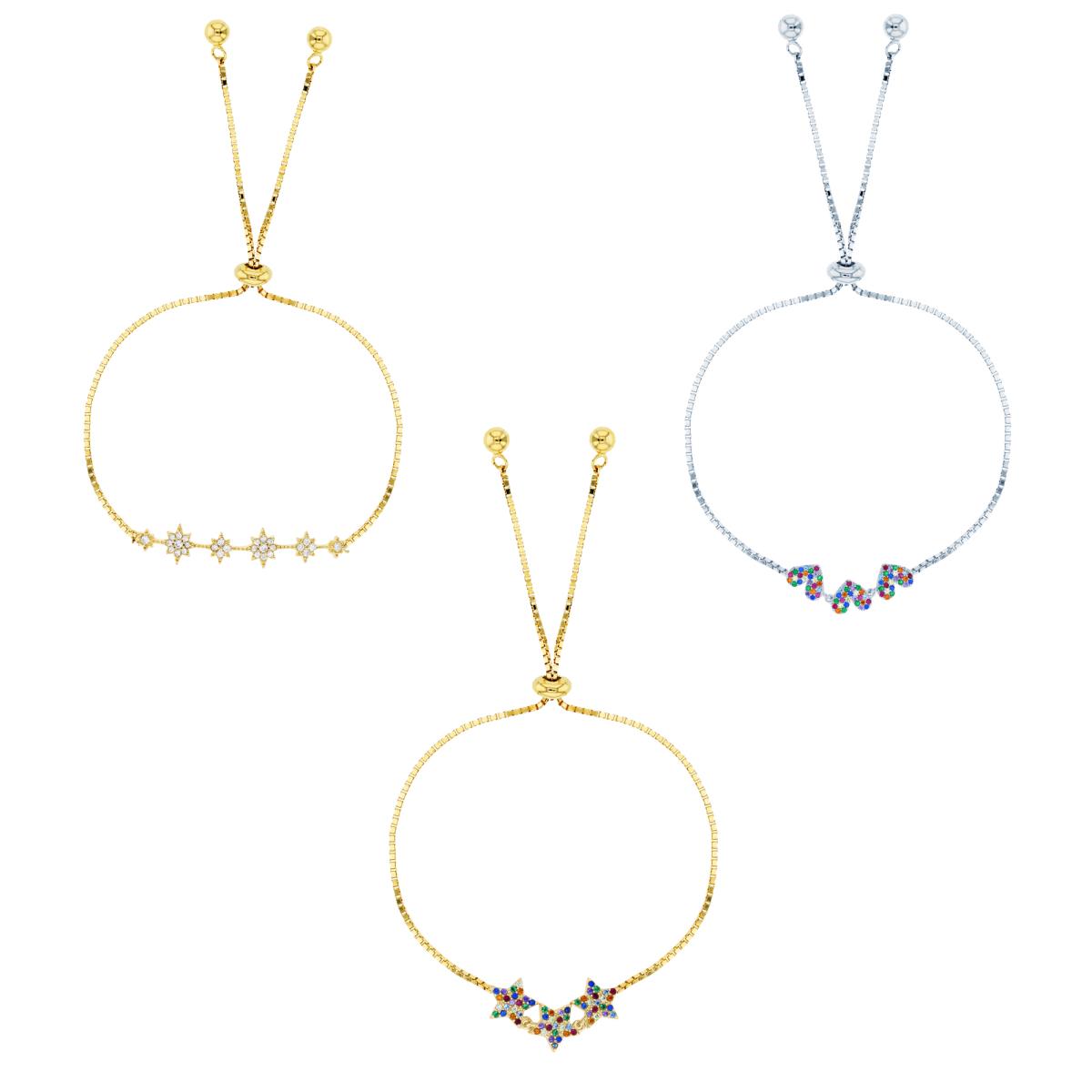Sterling Silver Yellow Rnd Multicolor CZ 3-Stars, Hearts & Flowers Adjustable Bracelet Set