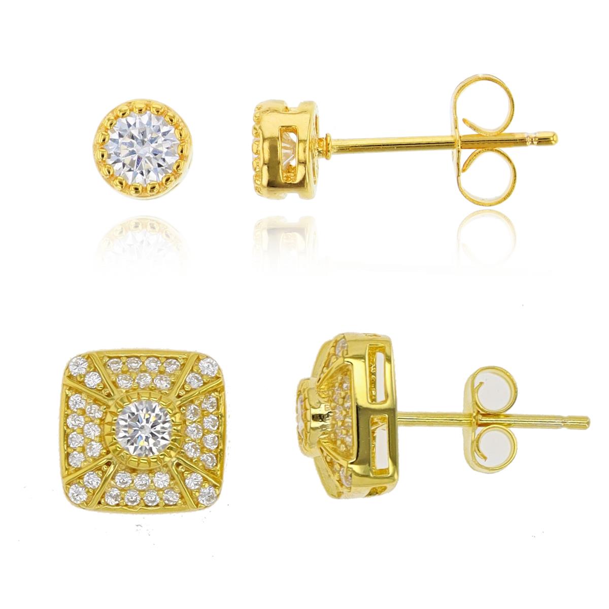 Sterling Silver Yellow 1-Micron Paved Square & Milgrain Stud Earring Set
