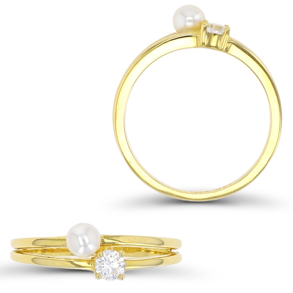 14K Yellow Gold Pearl & CZ Split Fashion Ring
