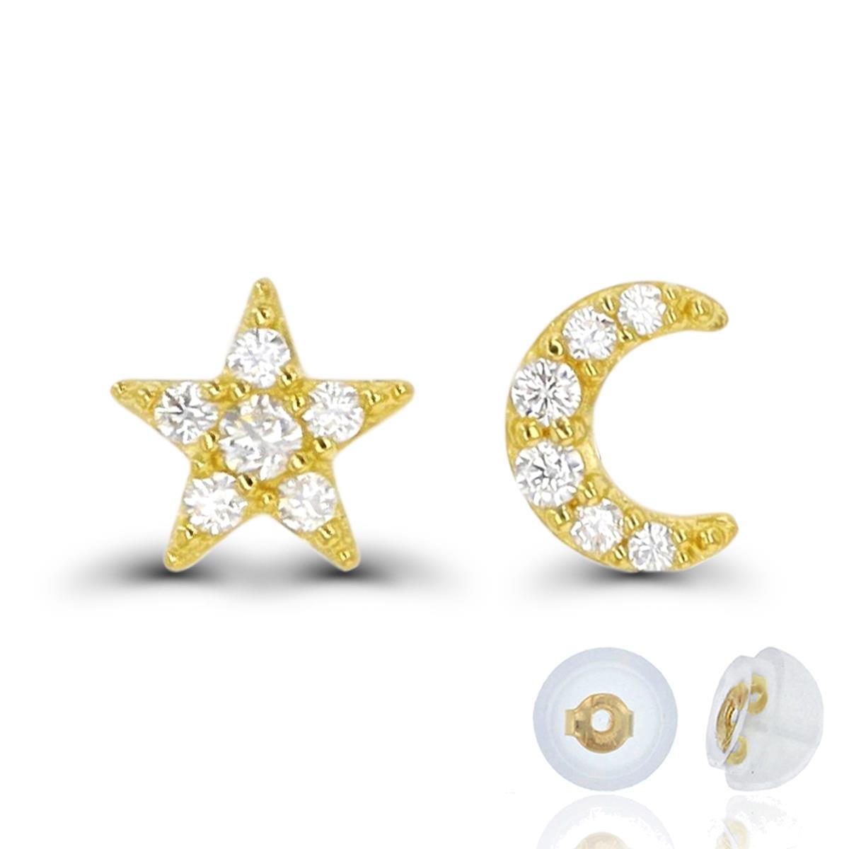 14K Yellow Gold Paved Star/Moon Stud Earring with Silicone Back