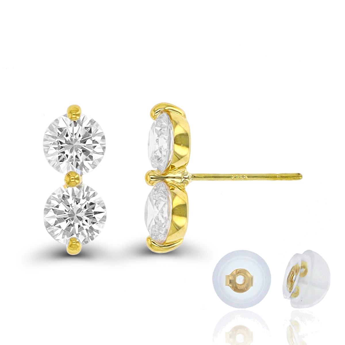 14K Yellow Gold Double CZ Stud Earring with Silicone Back
