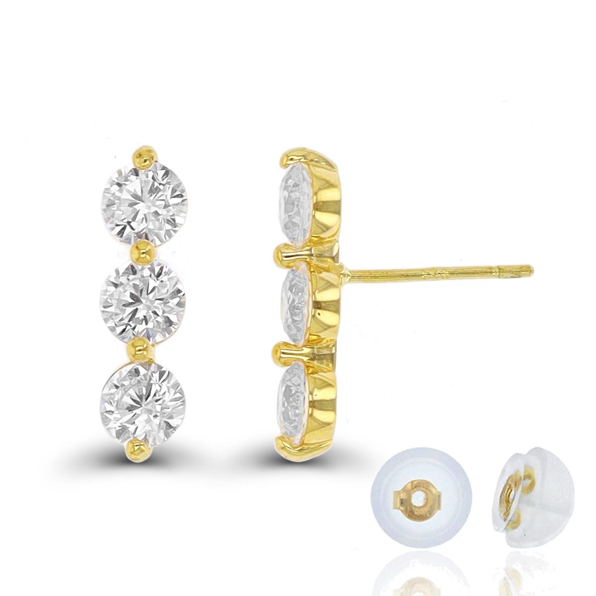14K Yellow Gold Triple CZ Stud Earring with Silicone Back