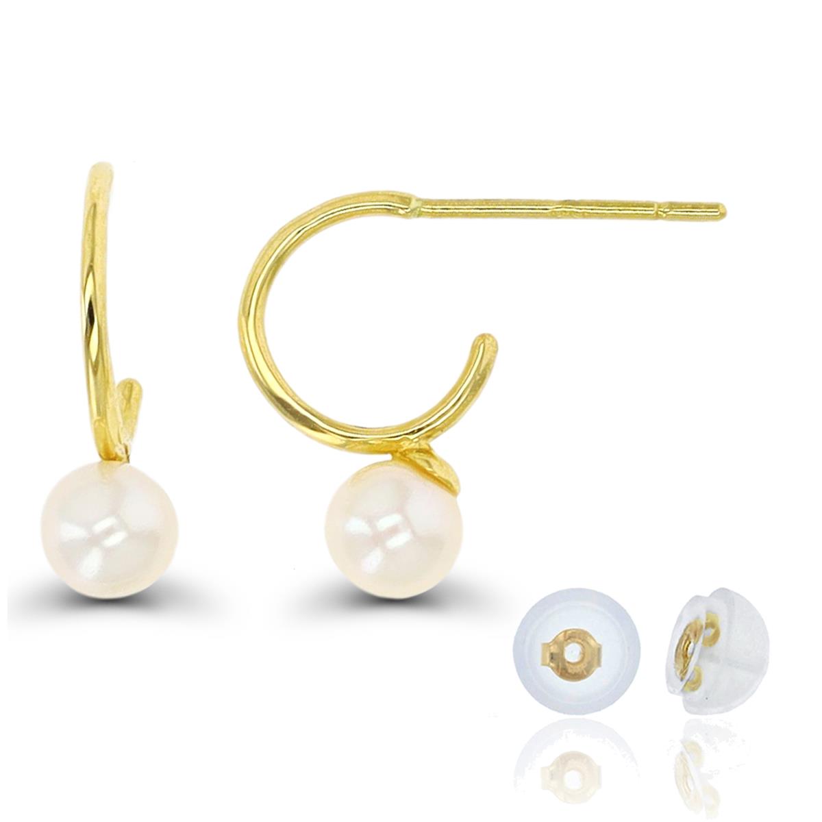 14K Yellow Gold 4mm Pearl Open Huggie Earring with Silicone Back