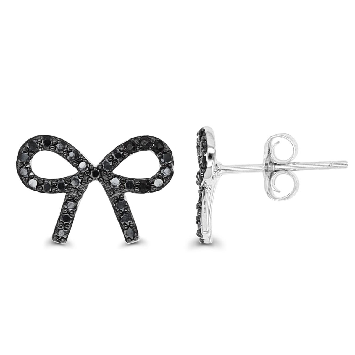 Sterling Silver Rhodium & Black Pave Black Spinel Bow Stud Earring