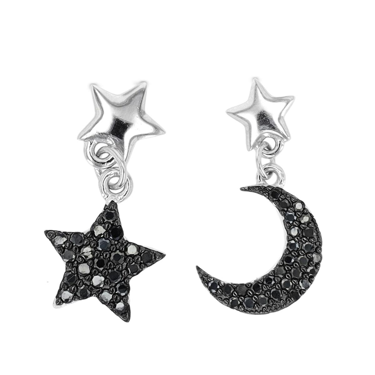 Sterling Silver Rhodium & Black Dangling Black CZ Moon/Star Earring