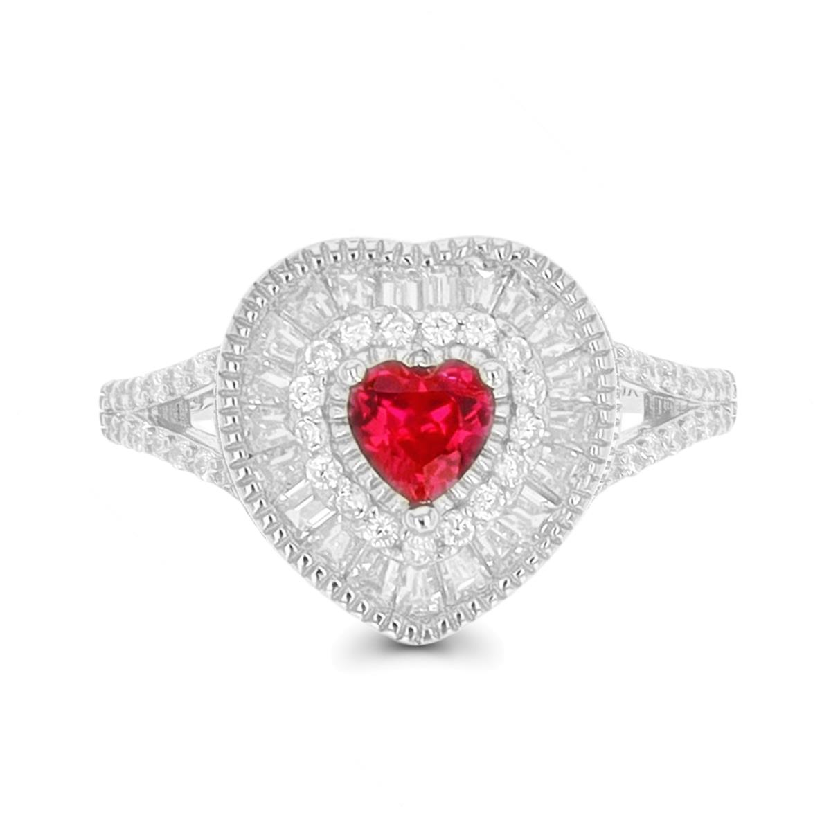 Sterling Silver Rhodium 5mm Ruby Heart Rd/Bgt Fashion 13mm  Ring