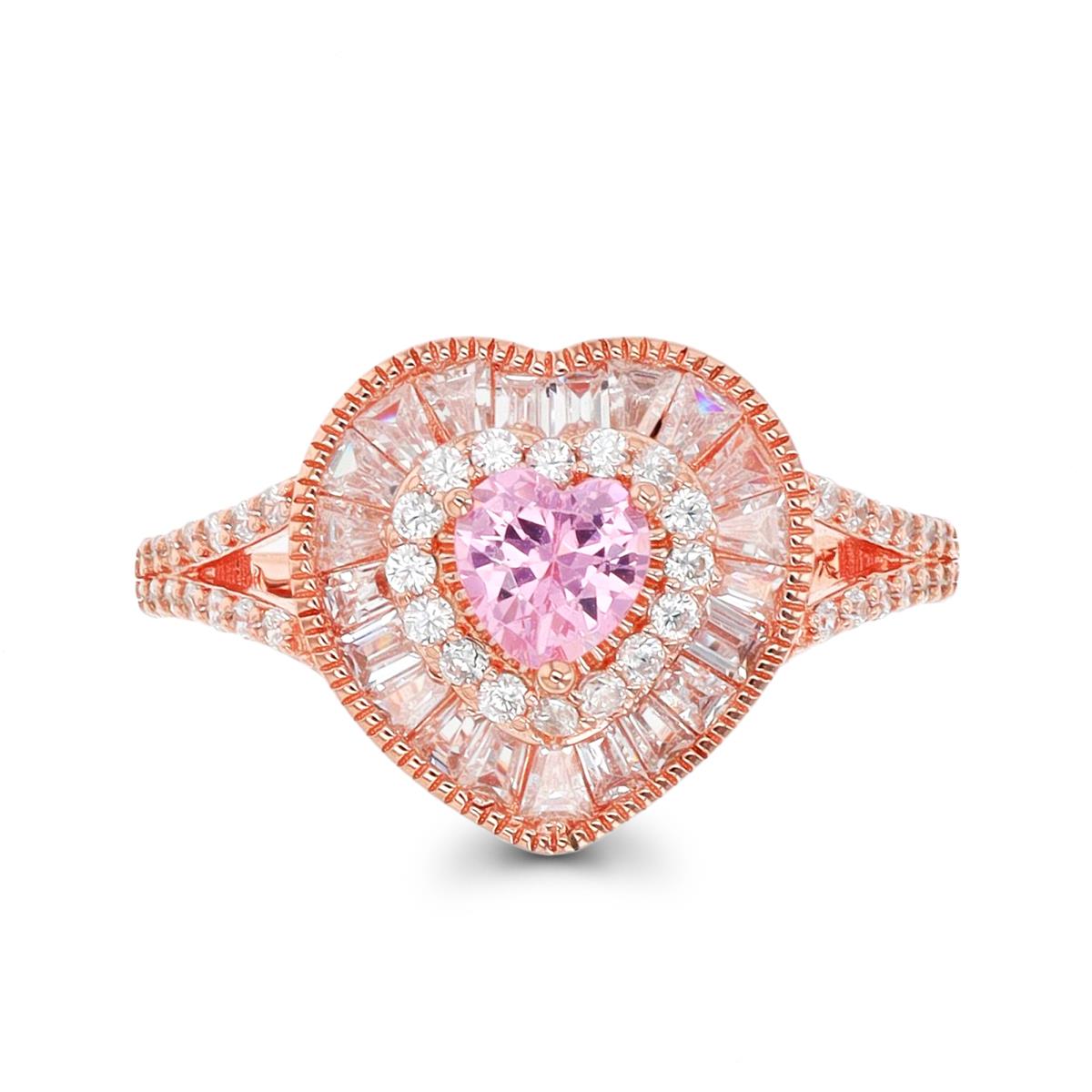 Sterling Silver Rose 5mm Pink Heart Rd/Bgt Fashion 13mm  Ring