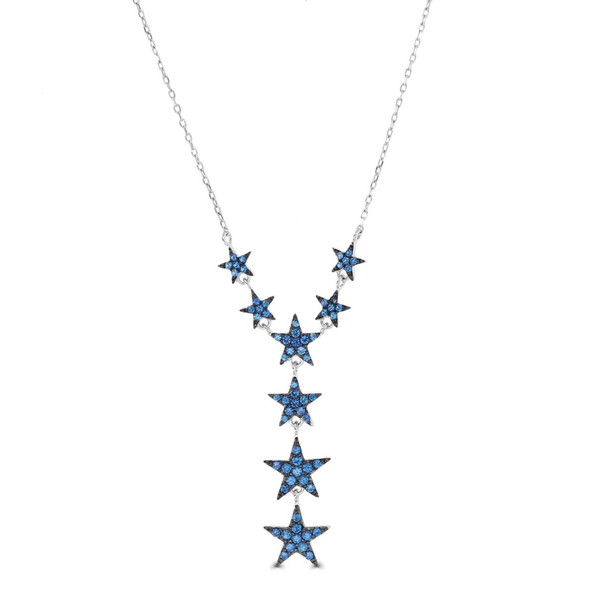 Sterling Silver Rhodium & Black #113 Blue Dangling Stars 18"+2" Necklace