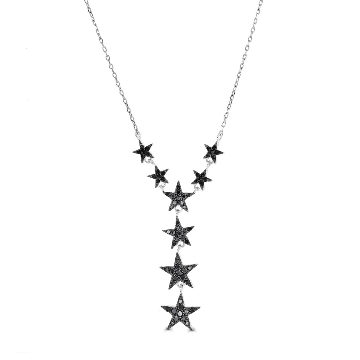 Sterling Silver Rhodium & Black Black Spinel Dangling Stars 18"+2" Necklace