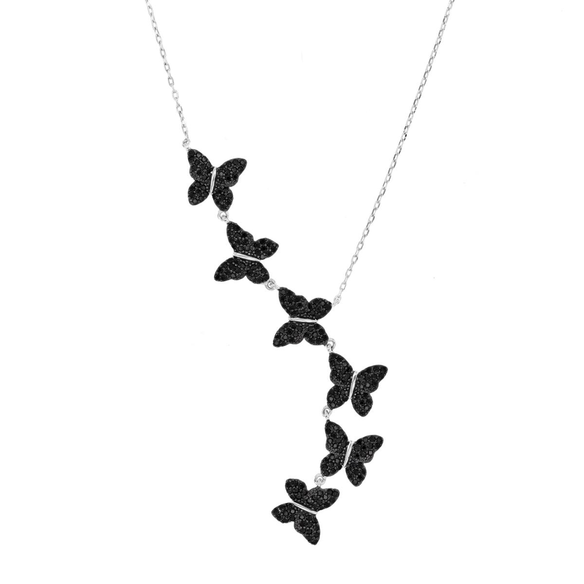 Sterling Silver Rhodium & Black Black Spinel Butterfly 16"+2" Necklace