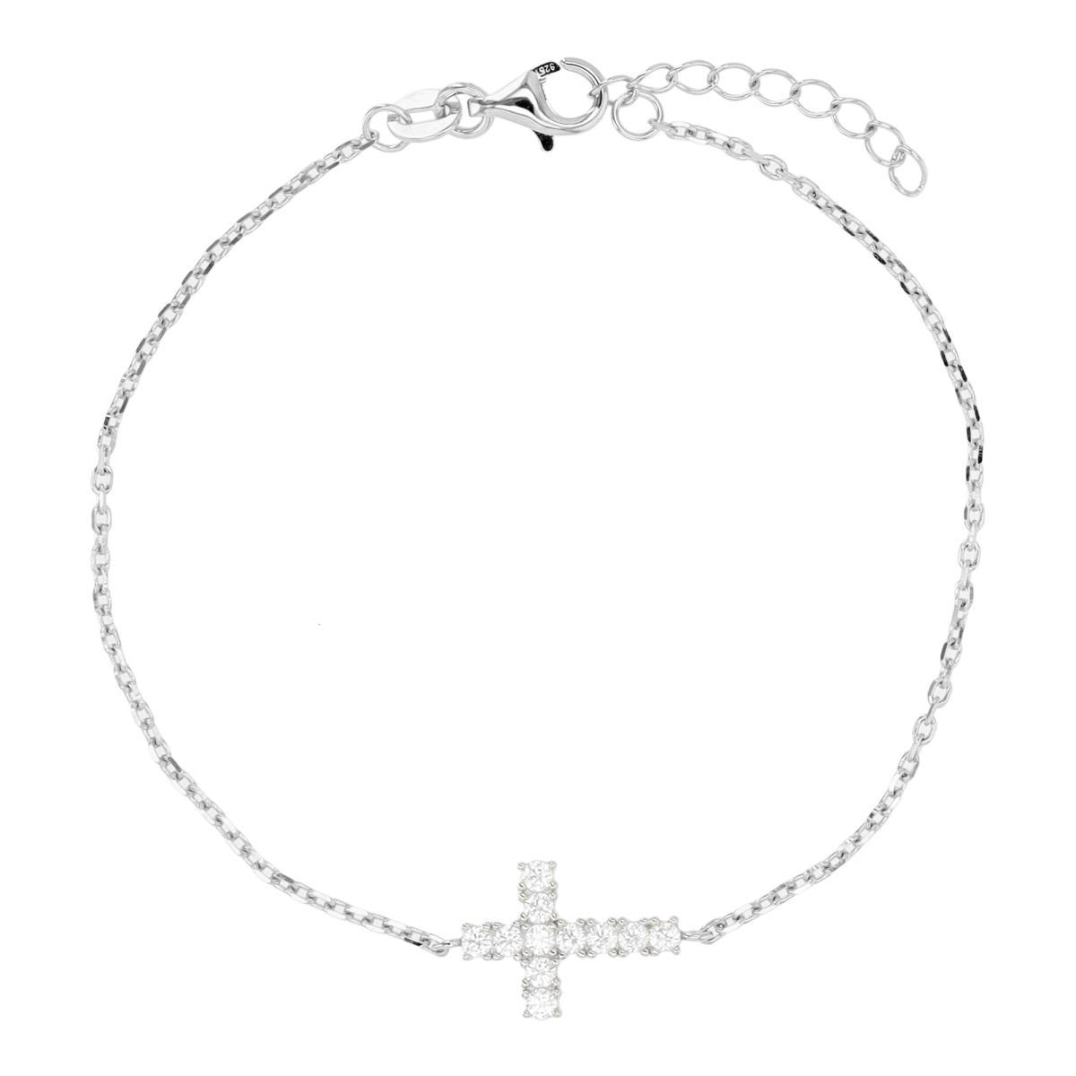 Sterling Silver Rhodium Cross 7"+1" Bracelet