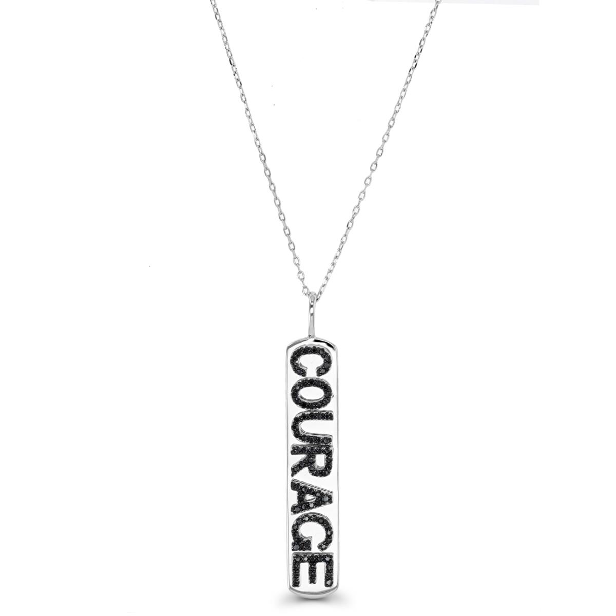 Sterling Silver Rhodium & Black Black Spinel "COURAGE" Dog Tag 18"+2" Necklace