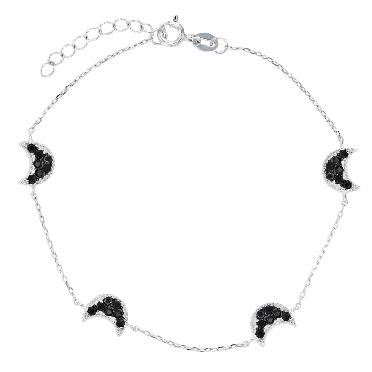 Sterling Silver Rhodium & Black Black Spinel Crescent Moon 7"+1" Bracelet