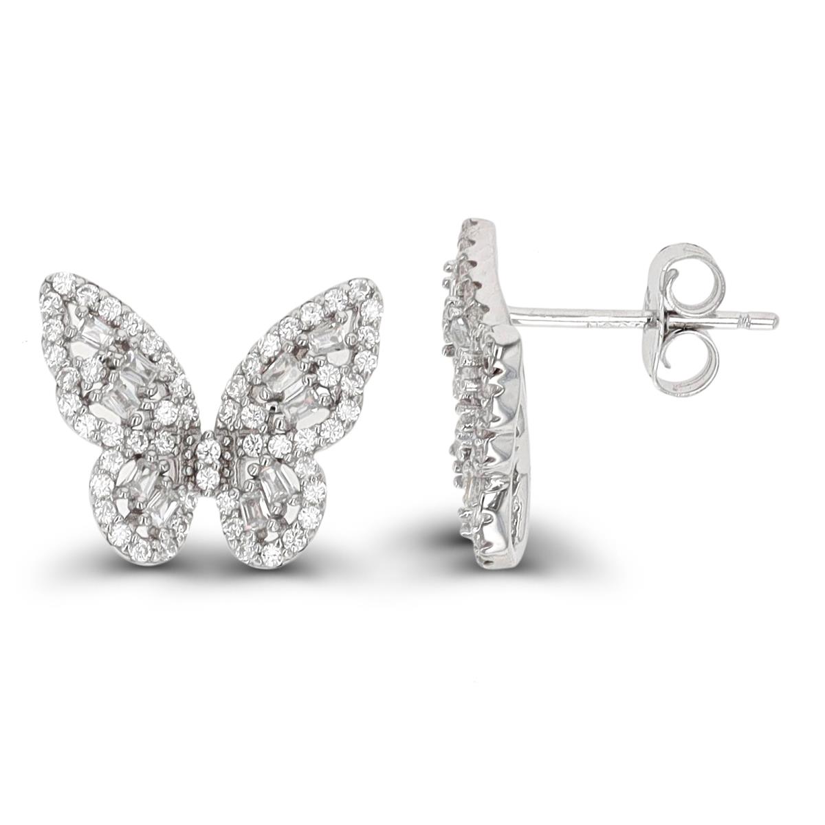 Sterling Silver Rhodium Paved Butterfly Stud Earring