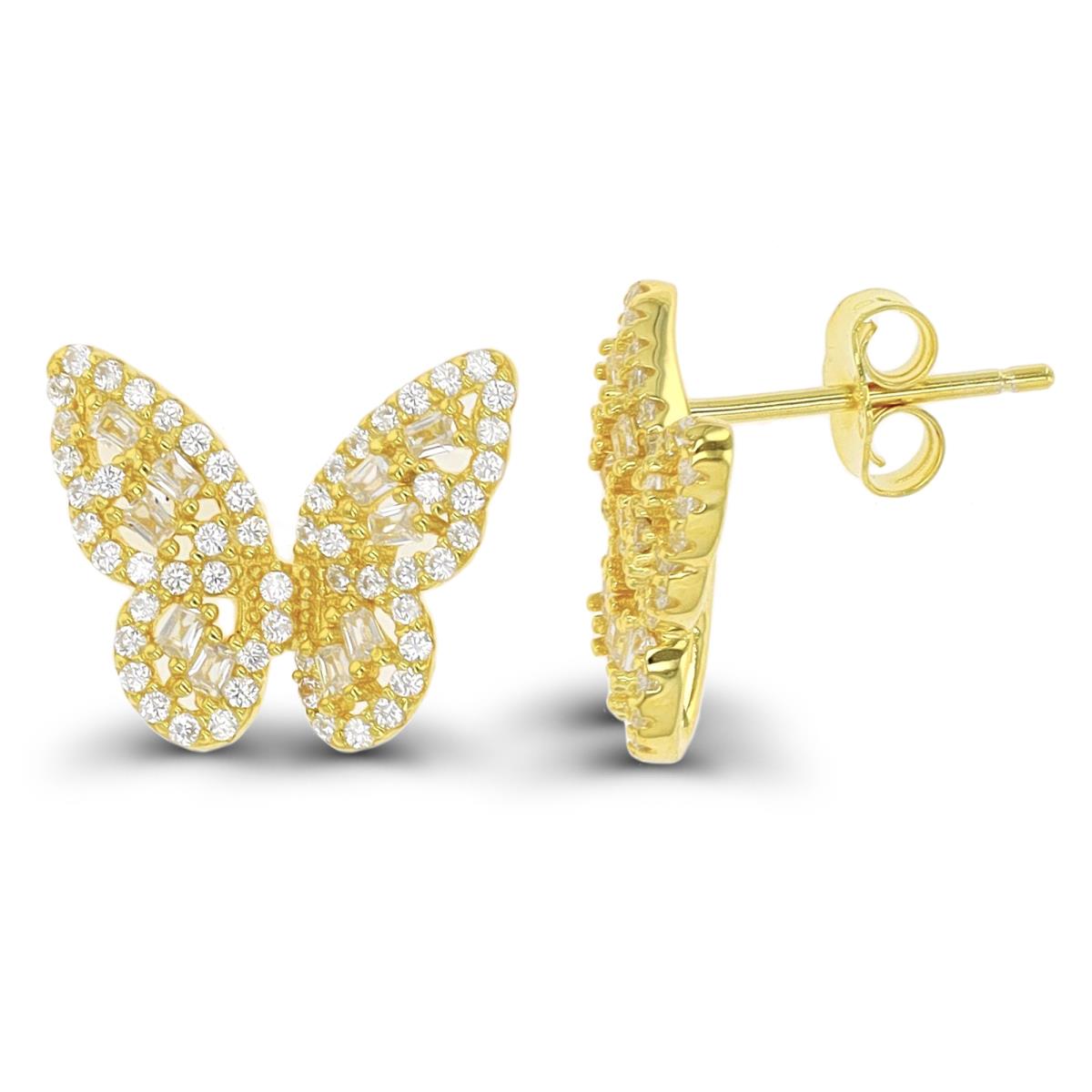 Sterling Silver Yellow 1-Micron Paved Butterfly Stud Earring