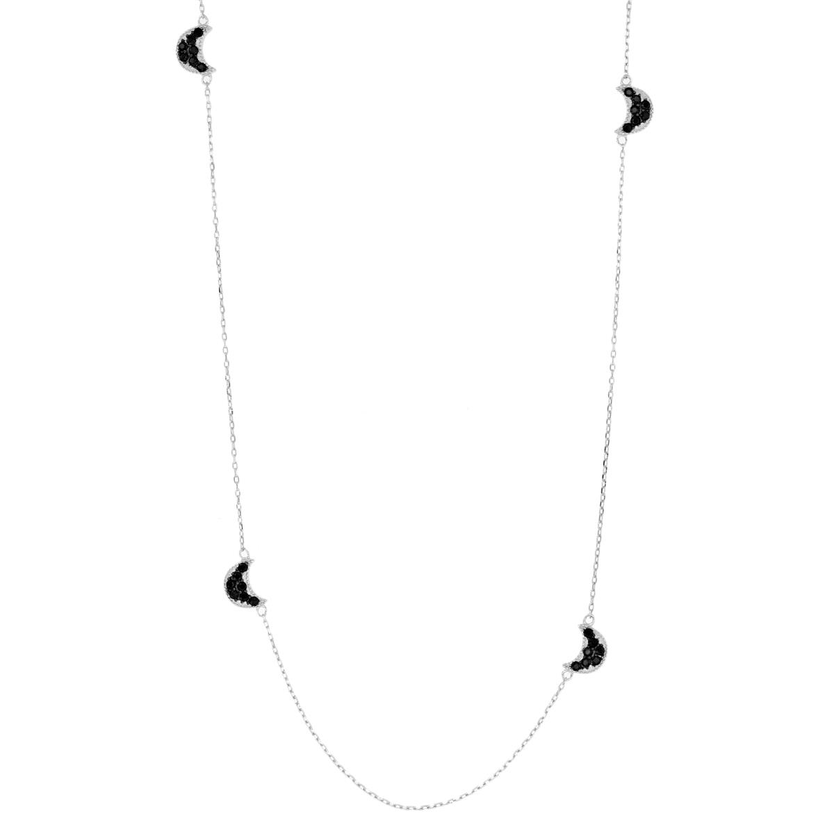 Sterling Silver Rhodium & Black Black Spinel Crescent Moon 18"+2" Necklace