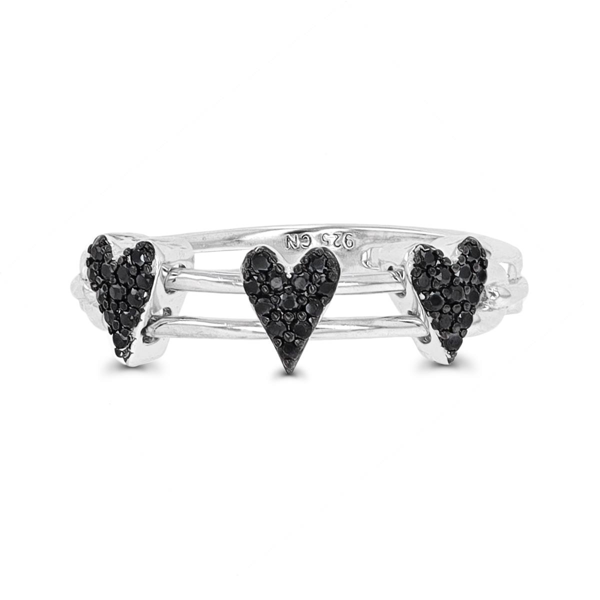 Sterling Silver Rhodium & Black Blac Spinel Triple Heart Fashion Ring