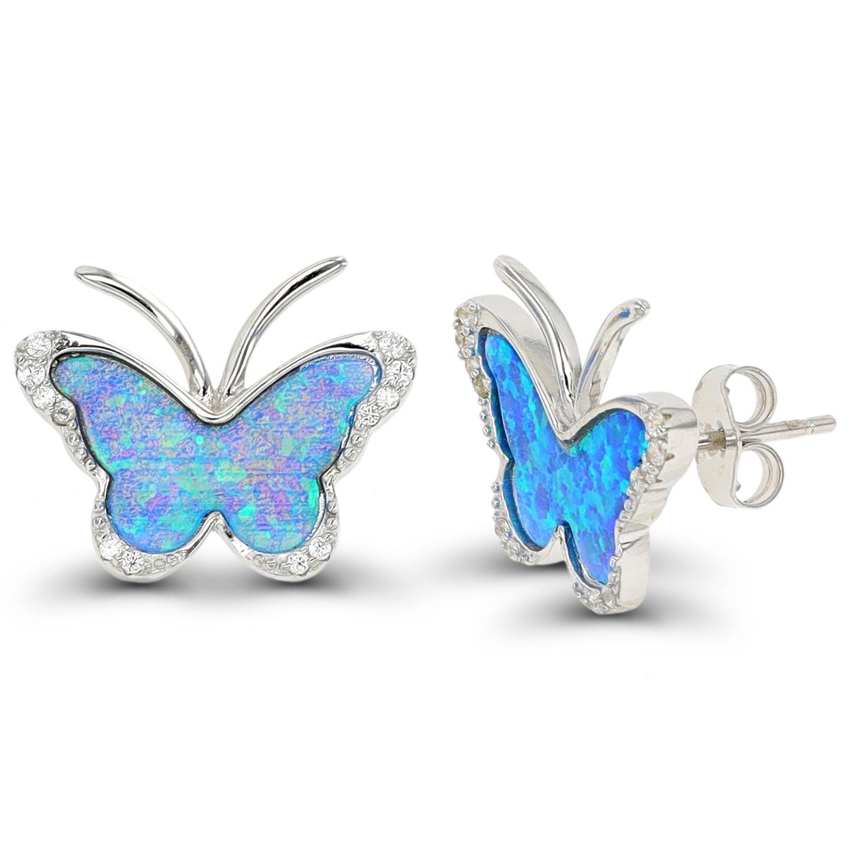 Sterling Silver Rhodium B. Opal & CZ Butterfly Stud Earring