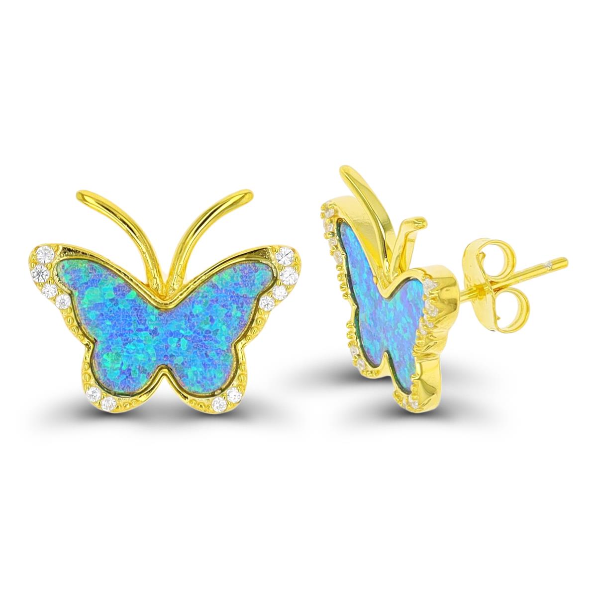 Sterling Silver Yellow 1-Micron B. Opal & CZ Butterfly Stud Earring
