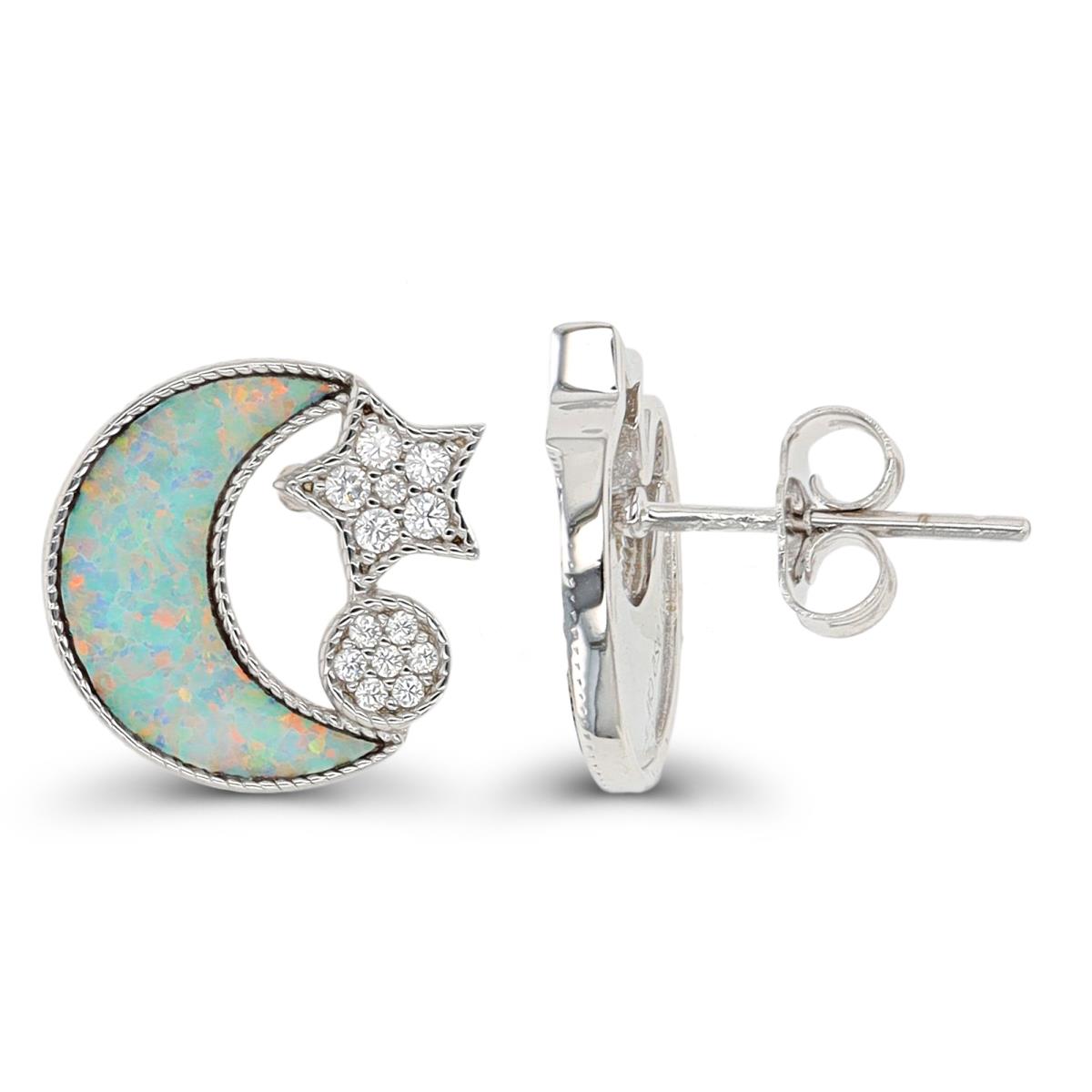 Sterling Silver Rhodium Opal & CZ Crescent Moon Stud Earring