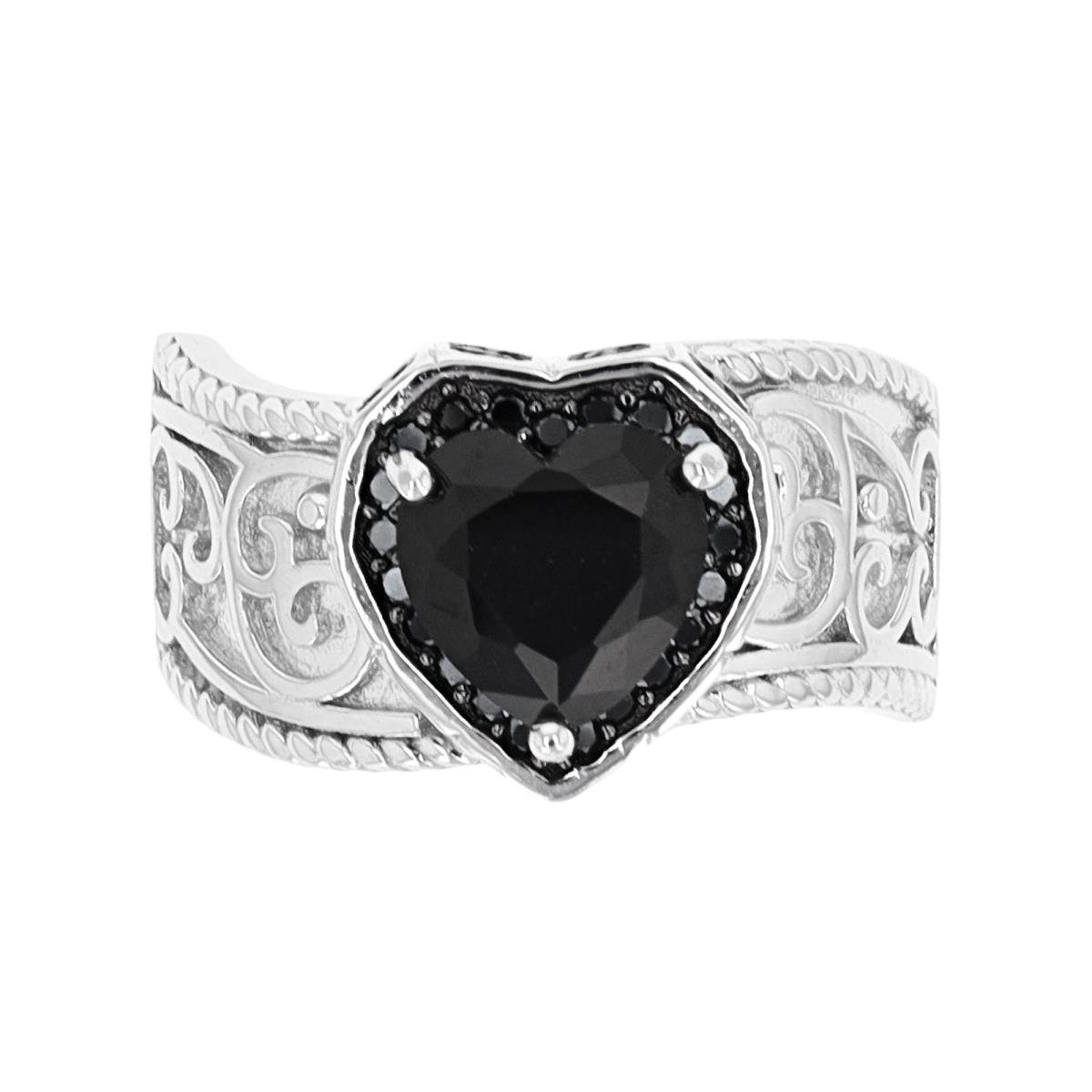 Sterling Silver Rhodium & Black 8mm Heart Black Spinel Filigree Shank Fashion Ring