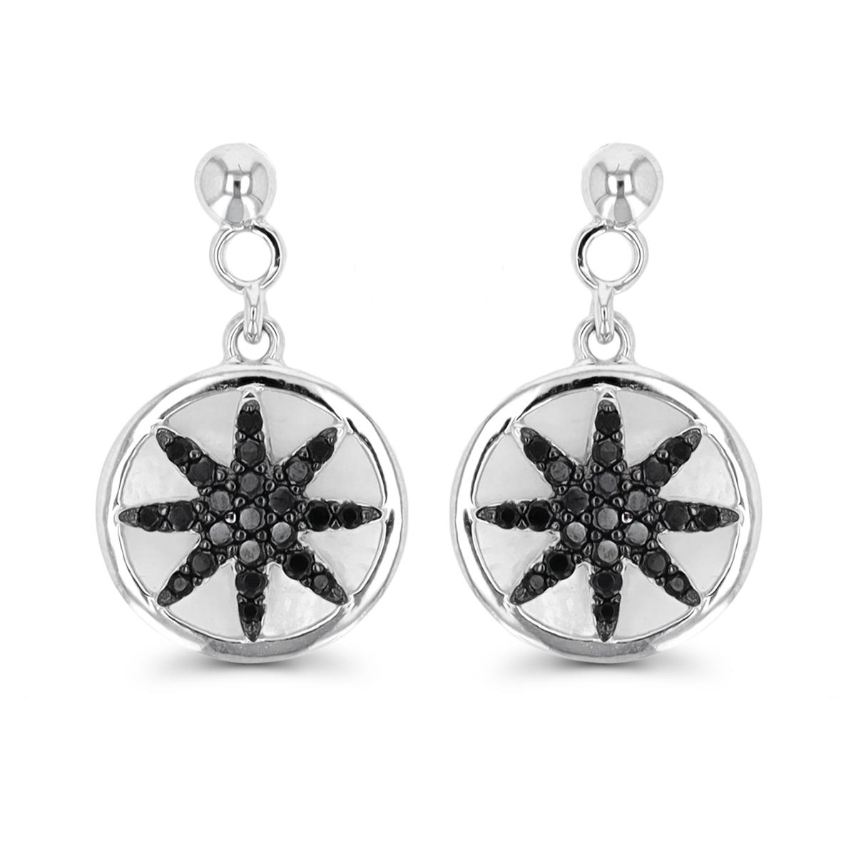 Sterling Silver Rhodium & Black MOP Inlay Black Spinel Starfish Dangling Earring