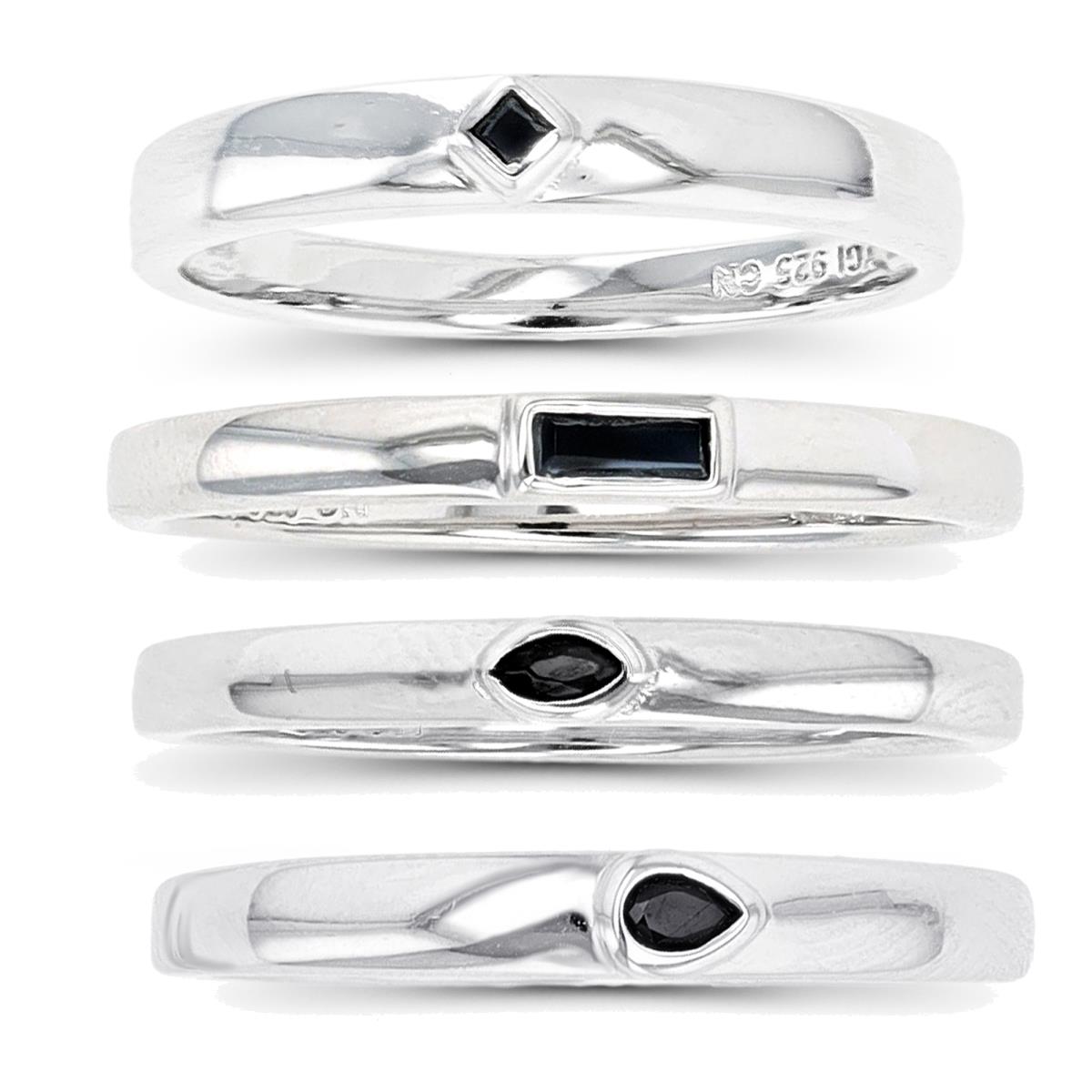 Sterling Silver Rhodium Marquise/Pear/Baguette/Square Black Spinel Ring Set