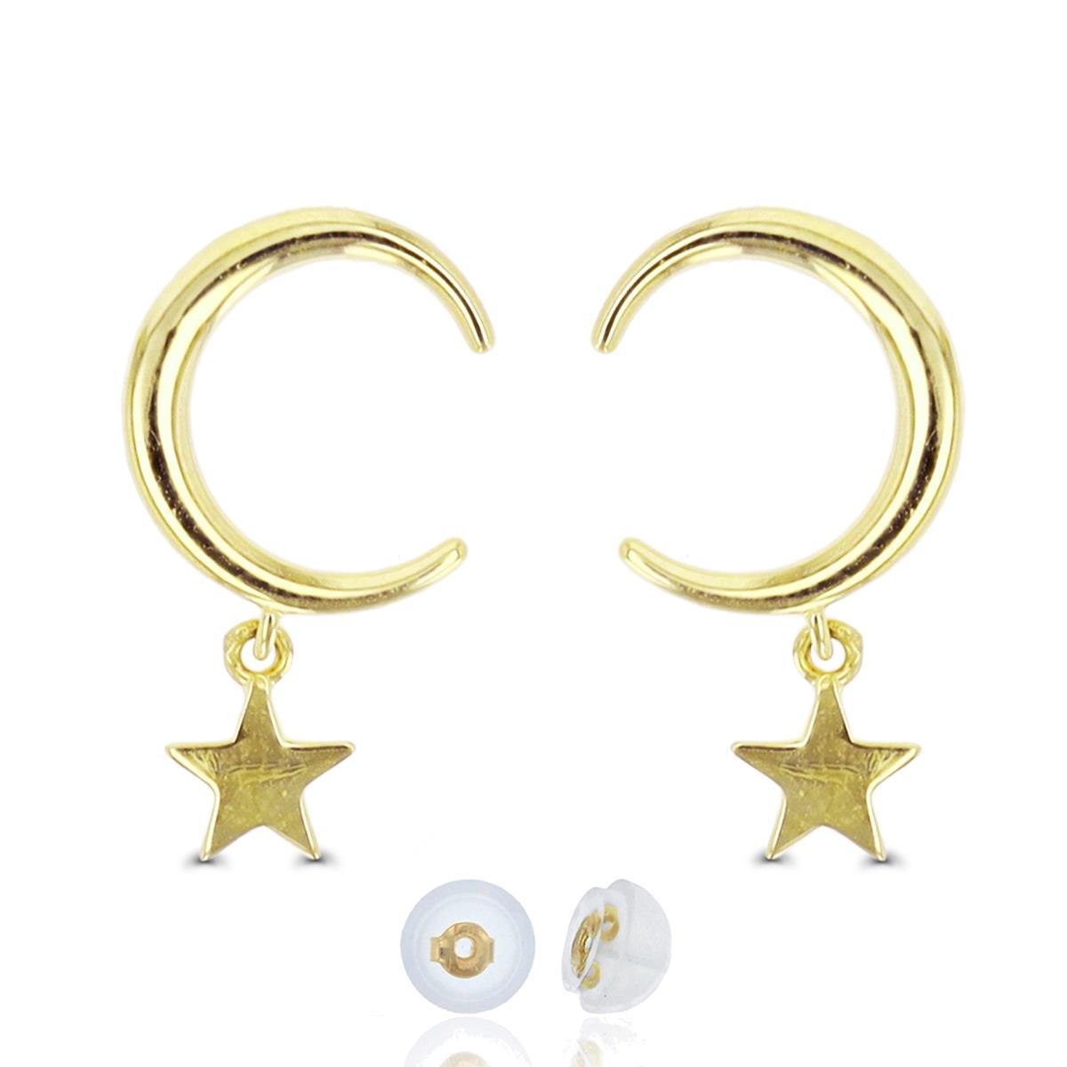 10K Yellow Gold Crescent Moon Dangling Star Earring with Silicone Back