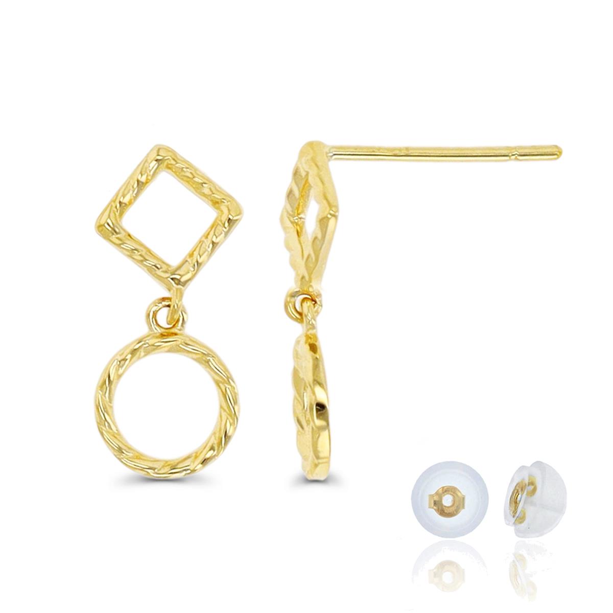 10K Yellow Gold Square and Circle Dangling Earring with Silicone Back