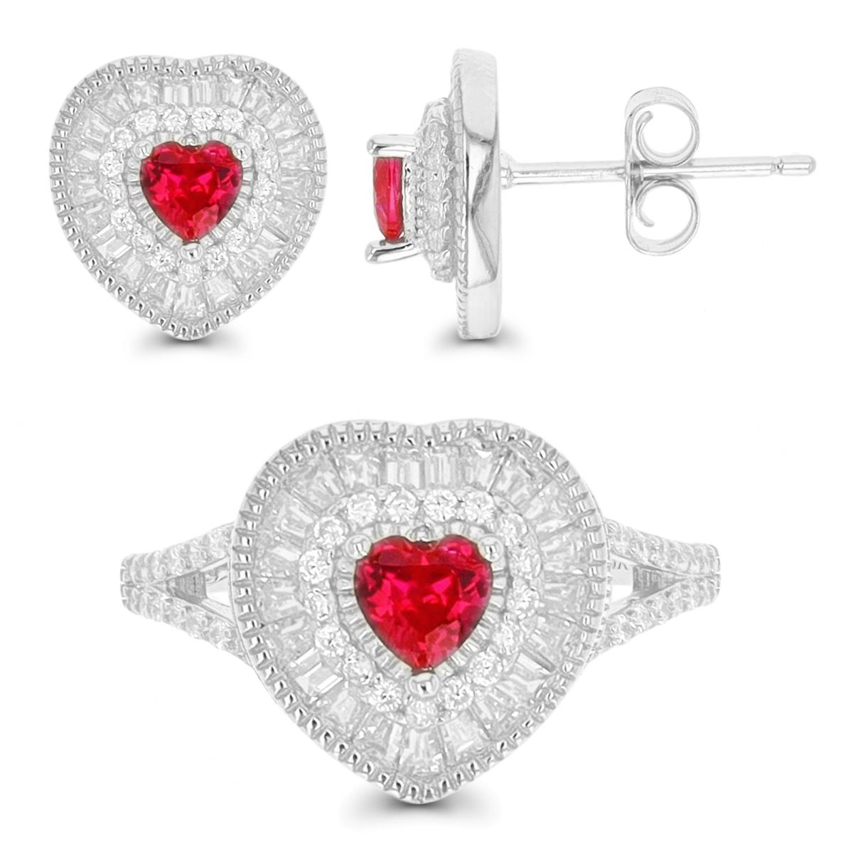 Sterling Silver Rhodium Ruby Heart Rd/Bgt Fashion Ring and Earring Set