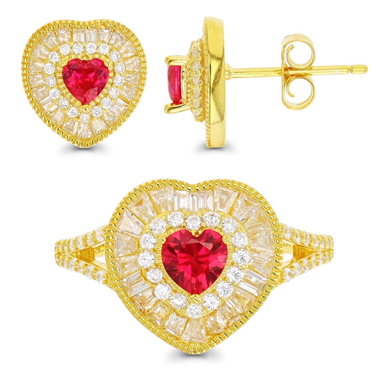 Sterling Silver Yellow 1-Micron Ruby Heart Rd/Bgt Fashion Ring and Earring Set