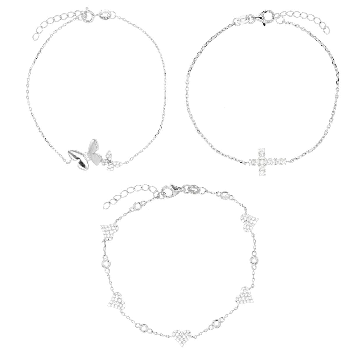 Sterling Silver Rhodium Cross/ Butterfly/ Heart 7"+1" Bracelet Set