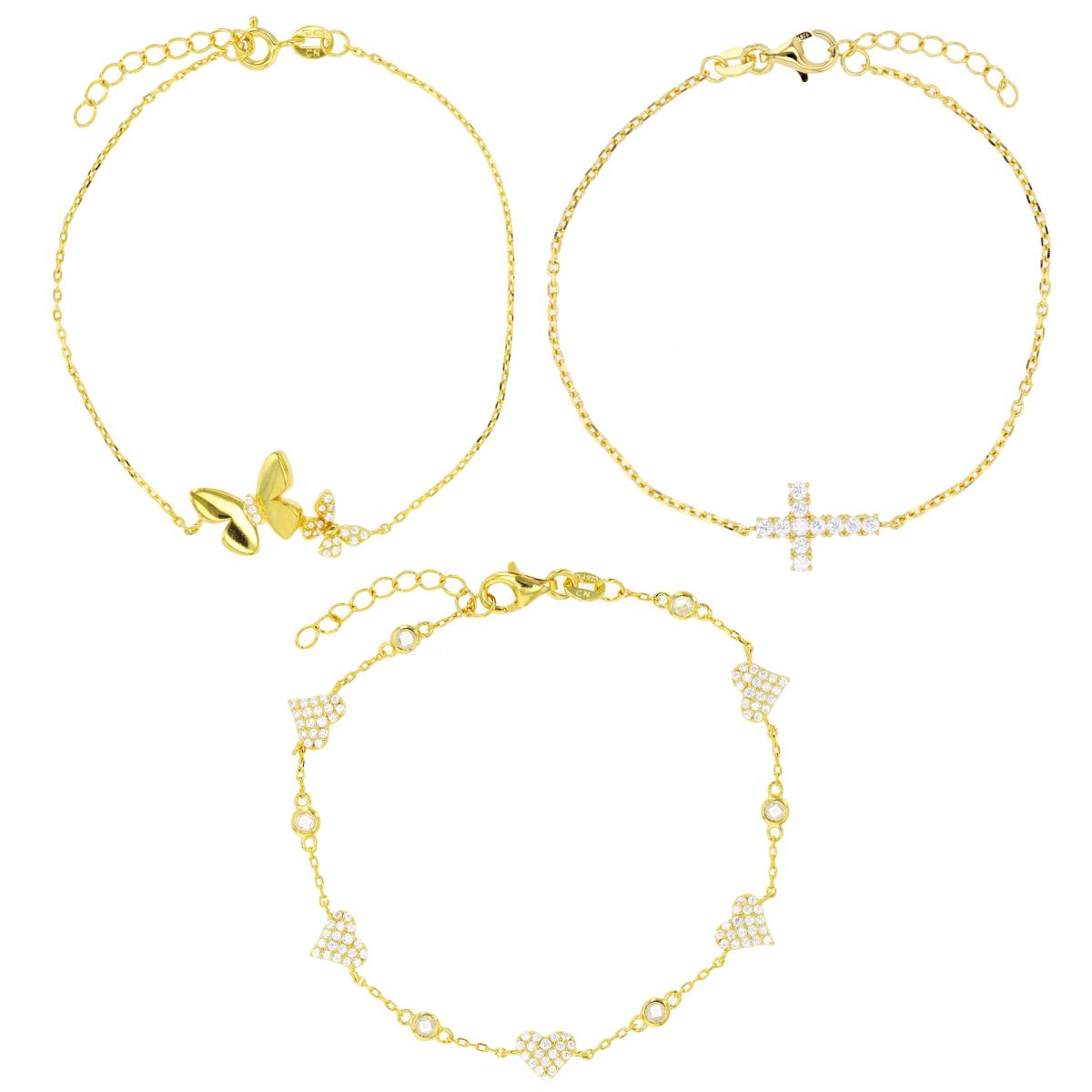 Sterling Silver Yellow Cross/ Butterfly/ Heart 7"+1" Bracelet Set