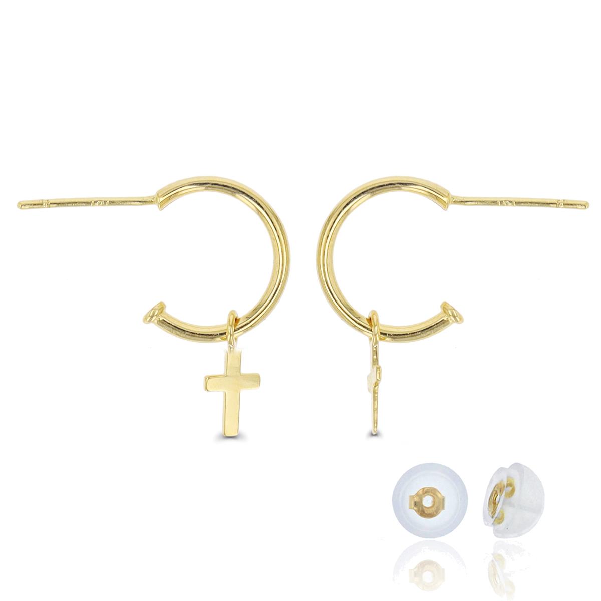 10K Yellow Gold Dangling Cross Half Hoop Earring with Silicone Back