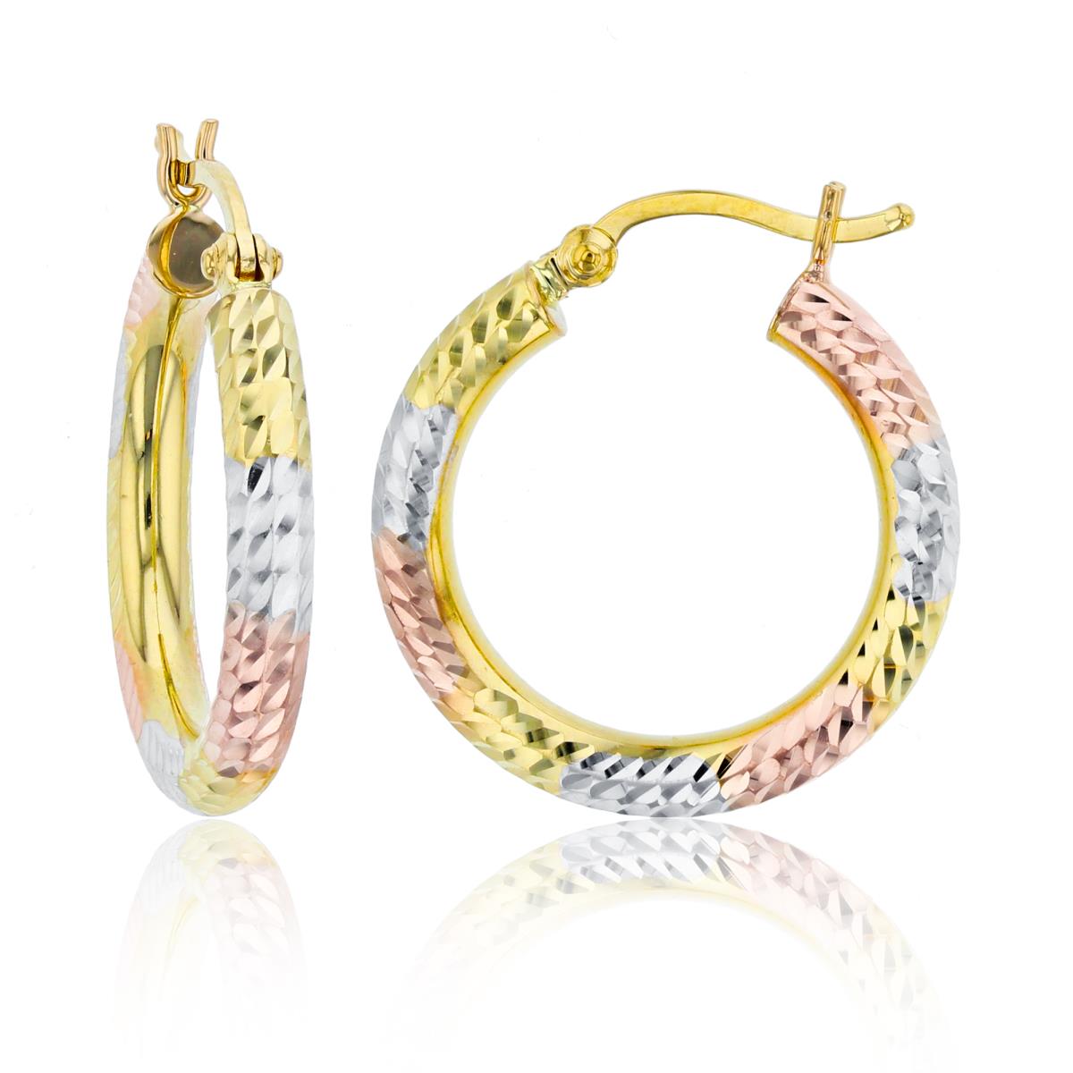 10K Tri-color Gold Diamond Cut 3x20mm Hoop Earring