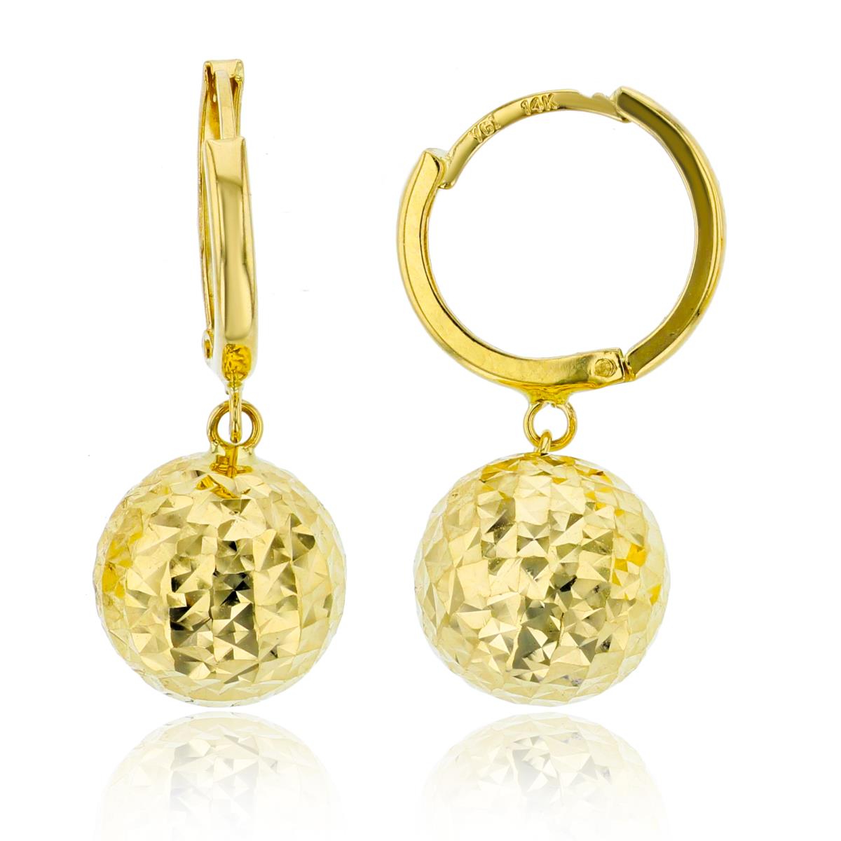 10K Yellow Gold Diamond Cut 10mm Ball Dangling Huggie Earring