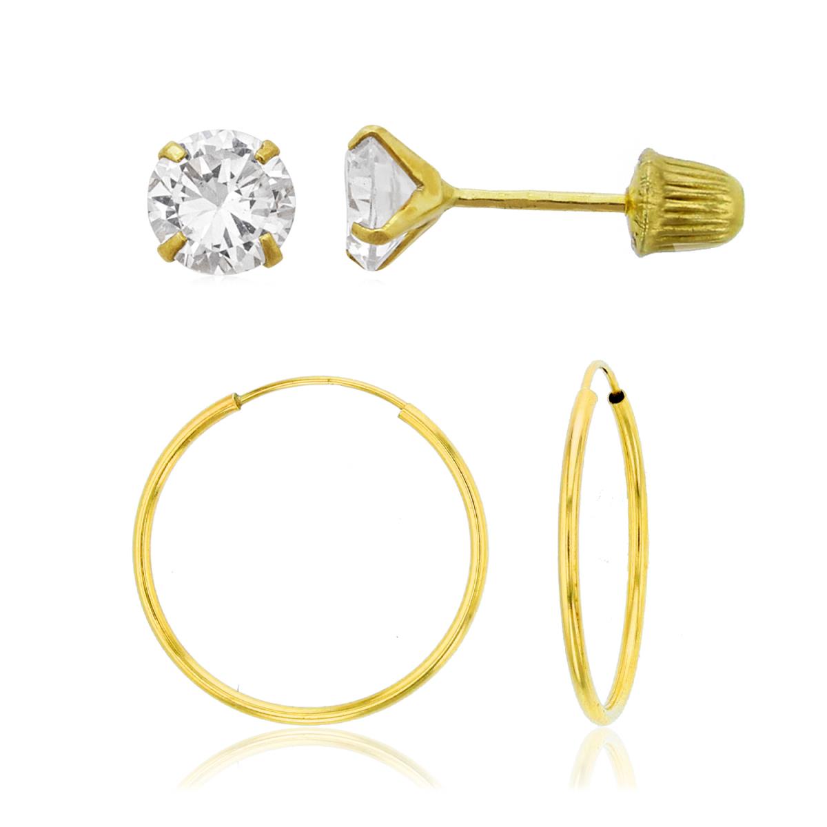 14K Yellow Gold 3mm Rd Solitaire Ball ScrewBack & 1x10mm Hoop Earrings Set