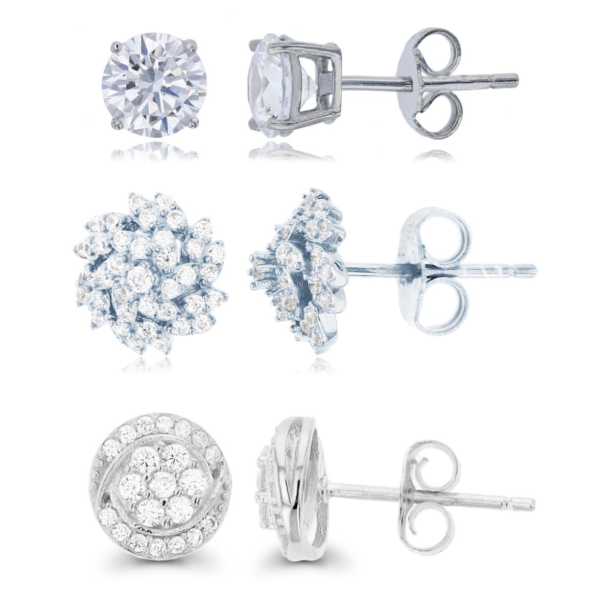 Sterling Silver Rhodium 8mm Paved Cluster, Windmill and Solitaire Stud Earring Set