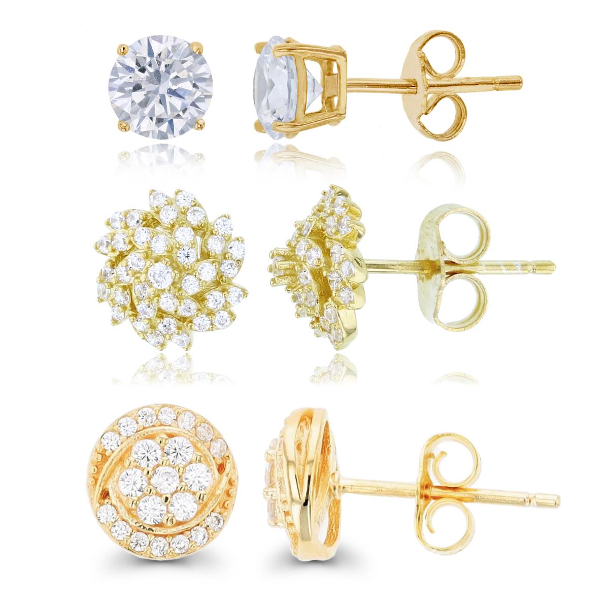 Sterling Silver Yellow 1-Micron 8mm Paved Cluster, Windmill and Solitaire Stud Earring Set