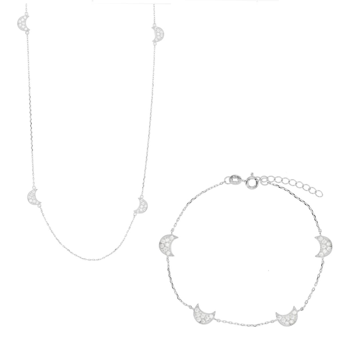 Sterling Silver Rhodium Crescent Moon 18"+2" Necklace & 7"+1" Bracelet Set
