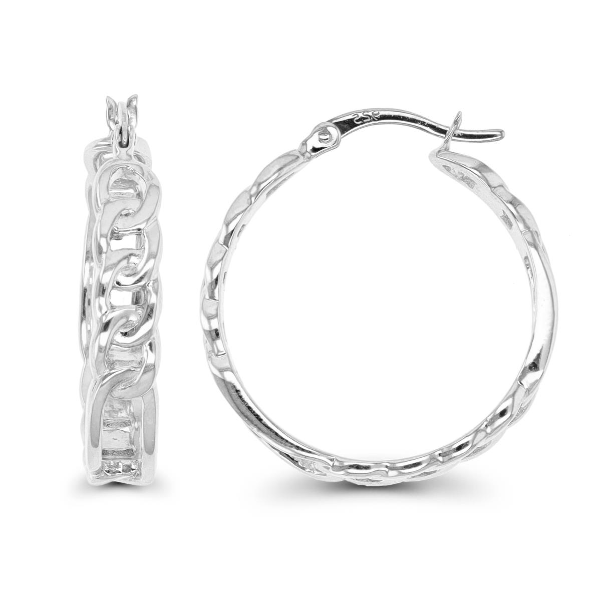 Sterling Silver Silver Plated 25x5mm Polished Figaro Hoop Earring